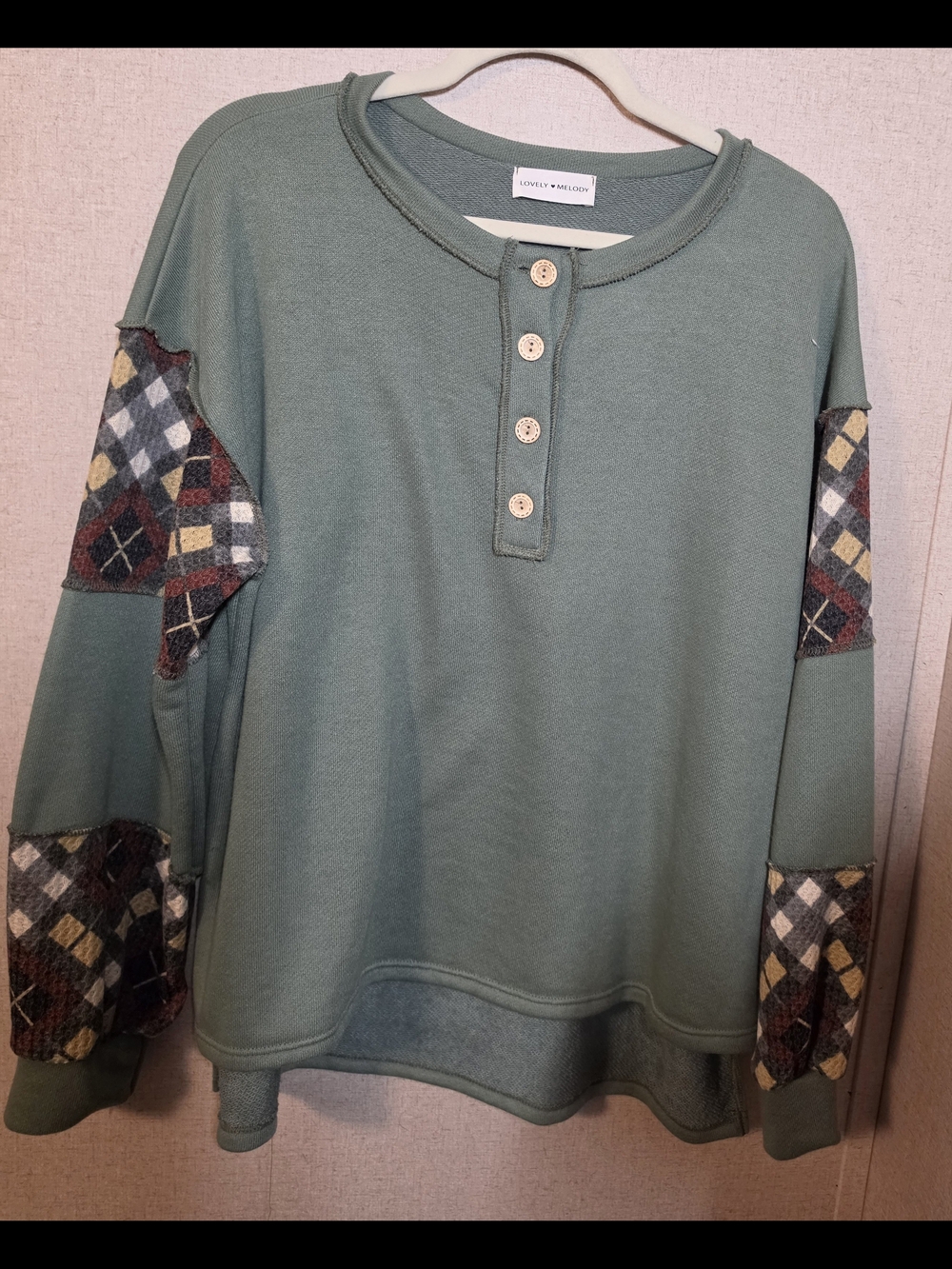 Lovely Melody Sage Green Henley Top with Wooden Buttons